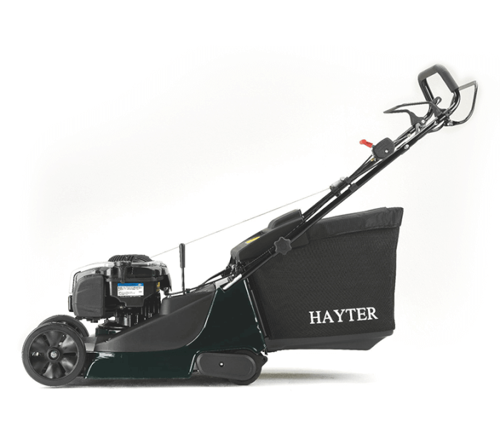 Image of a rear roller lawnmower. product in image is a black, electric Hayter mower.