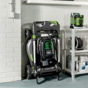 Image of a foldable lawn mower. Storage size is an essential consideration for choosing the right lawn mower for you.
